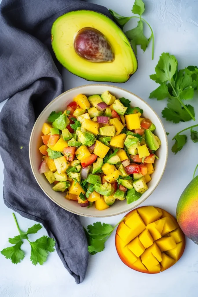 Bowl of fresh fruit and vegetable salad with bold colors.
