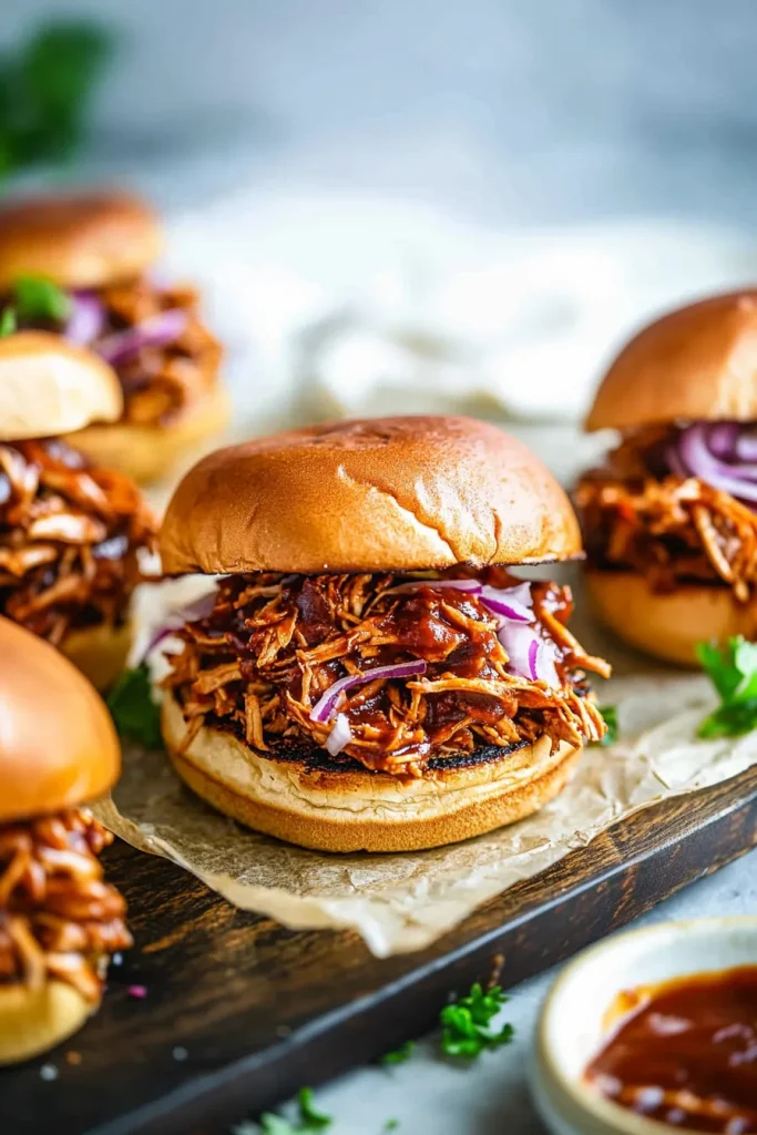 Soft golden buns filled with saucy shredded chicken.