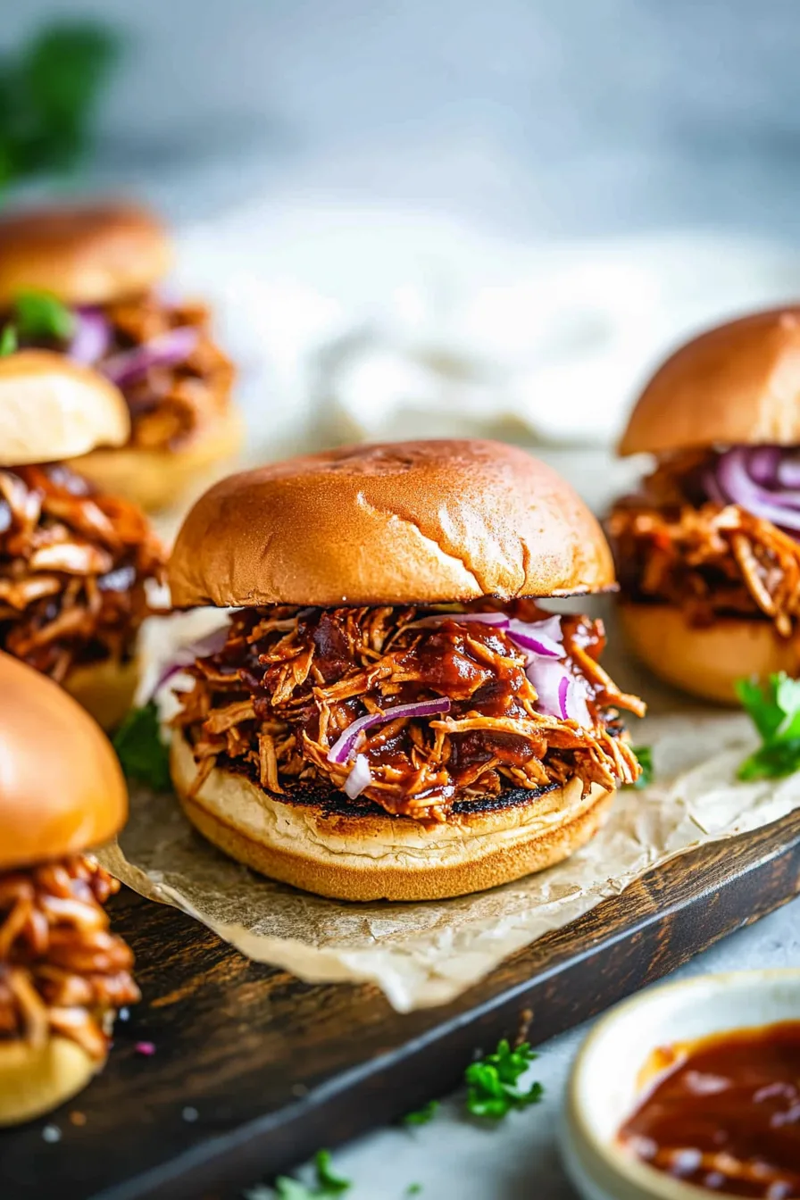Soft golden buns filled with saucy shredded chicken.