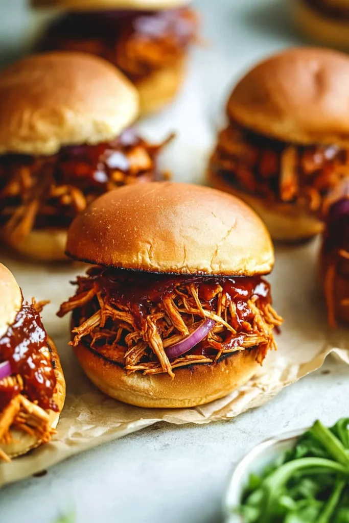 Barbecue-style chicken burgers arranged on parchment paper.
