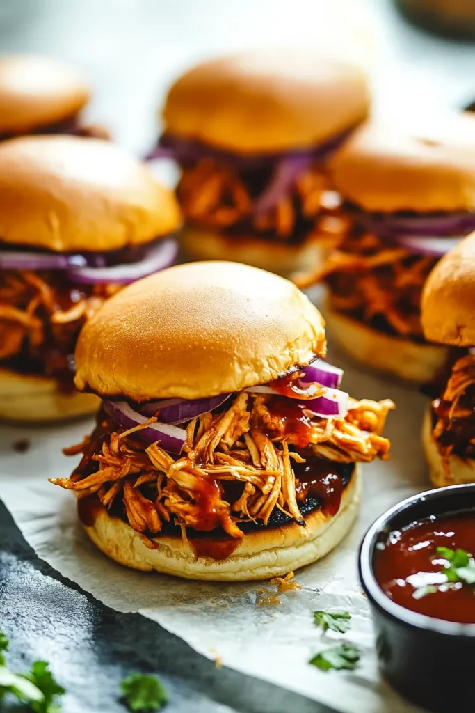 Pulled chicken sandwich layered with barbecue glaze and onions.