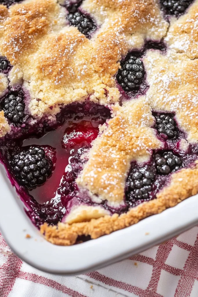 Warm cobbler served with bubbling purple filling oozing onto the plate