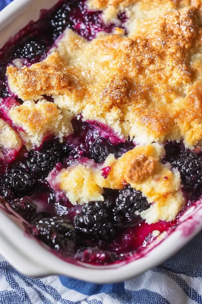 Dessert plate featuring cobbler slice surrounded by fresh blackberries and soft background