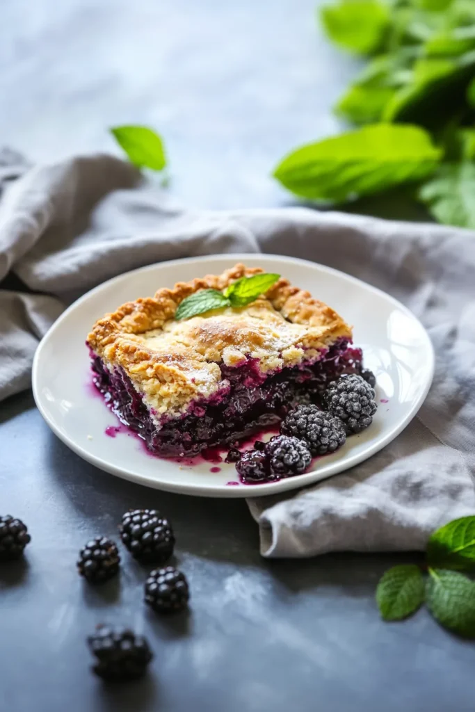 Final presentation of rustic blackberry cobbler with crisp crust and glossy fruit center