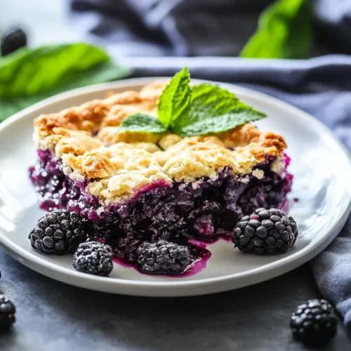 Slice of cobbler with flaky golden crust and juicy blackberry filling on a white plate