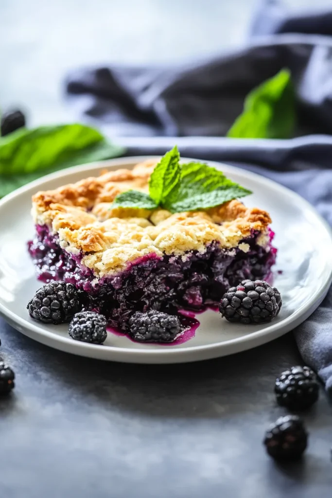 Slice of cobbler with flaky golden crust and juicy blackberry filling on a white plate
