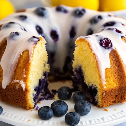 Close-up of bundt cake topped with glaze and fruit.