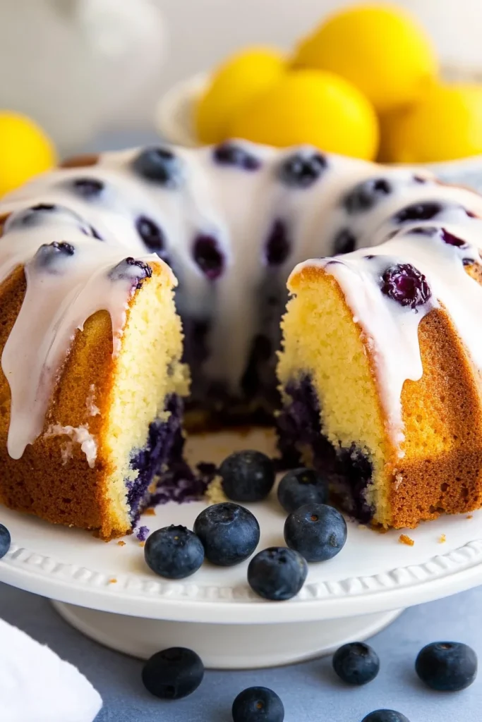 Close-up of bundt cake topped with glaze and fruit.