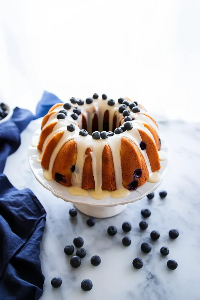 Rustic dessert with blueberries scattered around the base.