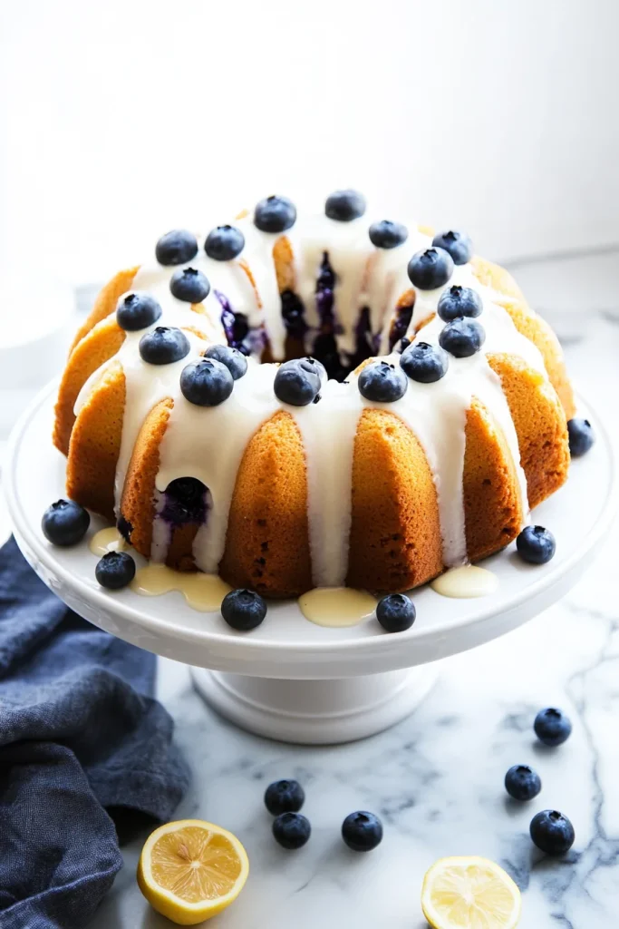 Moist yellow cake with baked-in berries on a white stand.