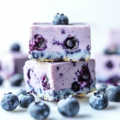 Two layered bars styled with scattered blueberries around the plate.