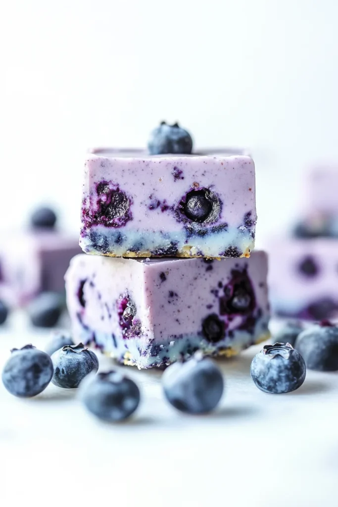 Two layered bars styled with scattered blueberries around the plate.