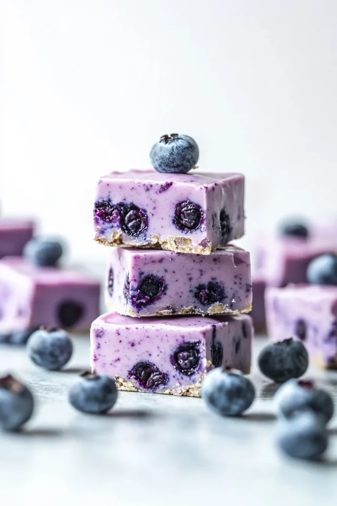 Stacked dessert bars with marbled blueberry and cream layers, topped with fresh berries.