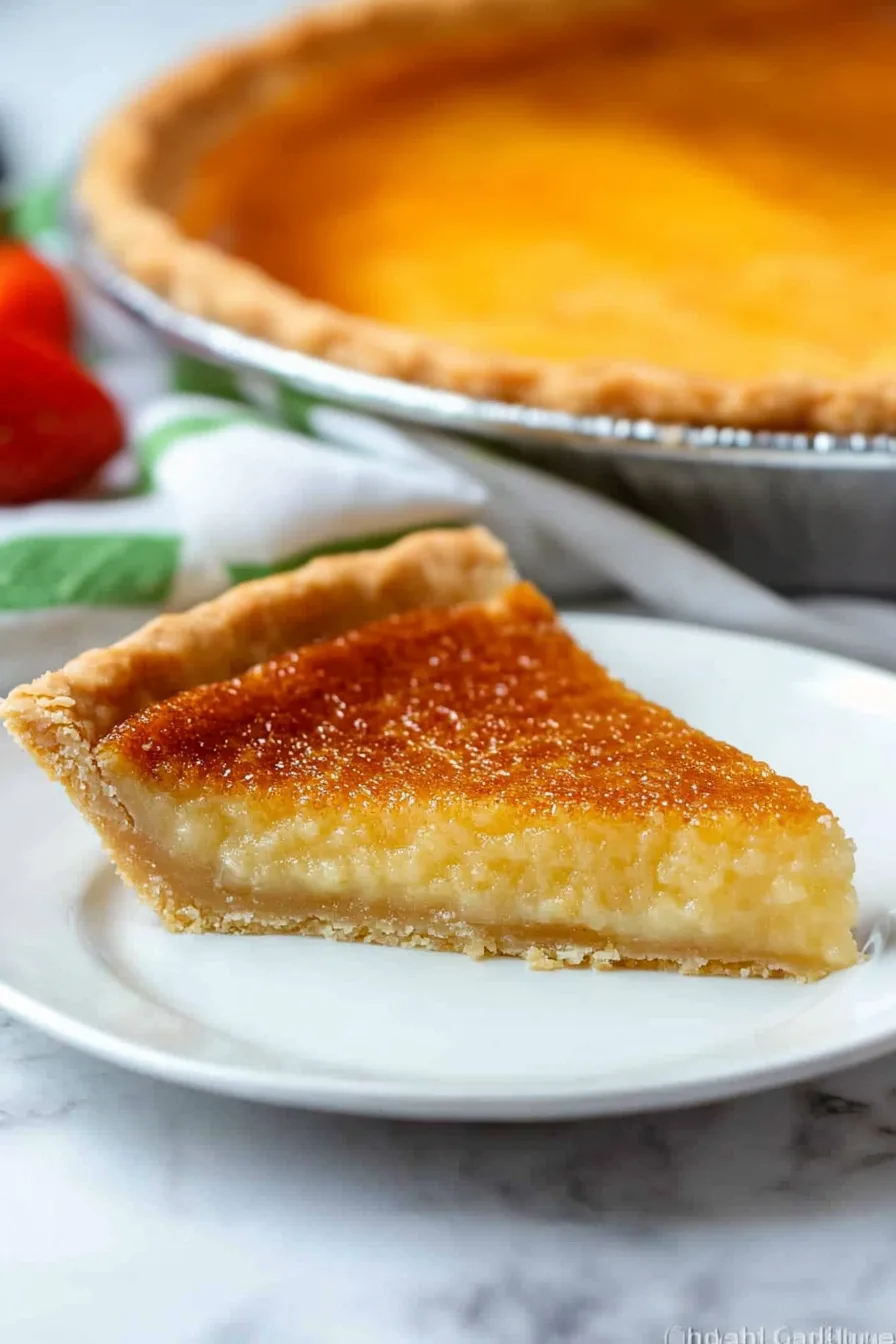 Rustic custard pie served with a glossy, caramelized top layer.