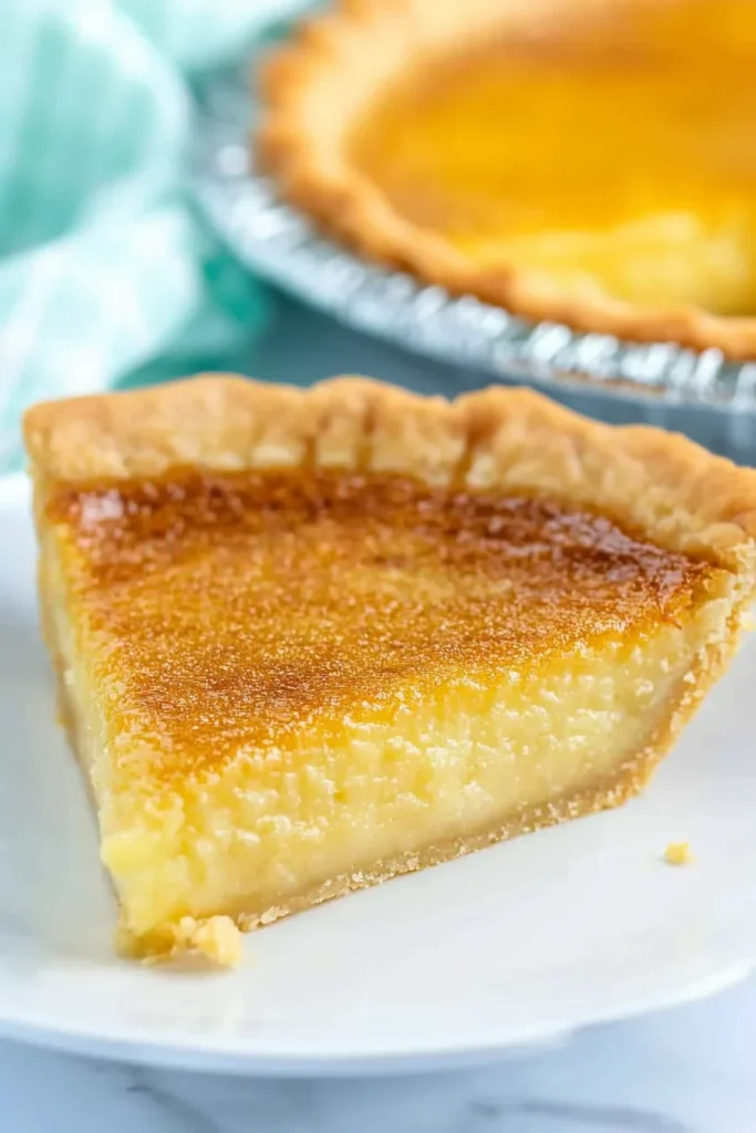 Close-up of flaky crust and silky yellow custard topped with a browned surface.