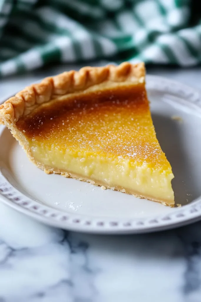 Slice of golden custard pie with a smooth, creamy filling on a white plate.