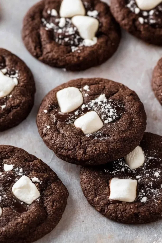 A close-up of rich, dark cookies with melted marshmallows on parchment paper.