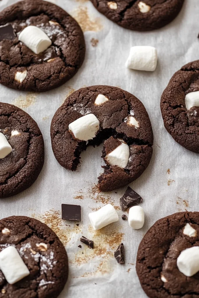 A rustic cookie stack highlighting the contrast of dark chocolate and fluffy white marshmallows.