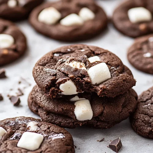 Stack of chewy chocolate cookies with fluffy marshmallow pieces on top.