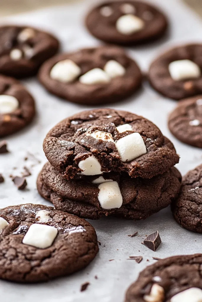 Stack of chewy chocolate cookies with fluffy marshmallow pieces on top.