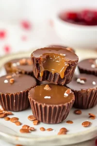 Stacked chocolate cups with glossy ridged edges, one showing gooey caramel inside.