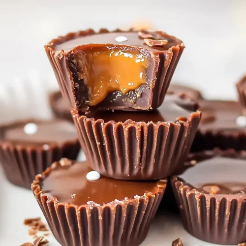 Dessert cups arranged on a white surface with bits of caramel scattered around.
