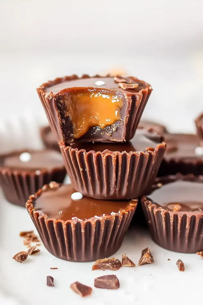 Dessert cups arranged on a white surface with bits of caramel scattered around.