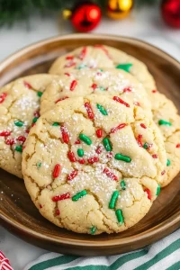 Chewy cookies stacked neatly, with festive colors and a holiday backdrop.