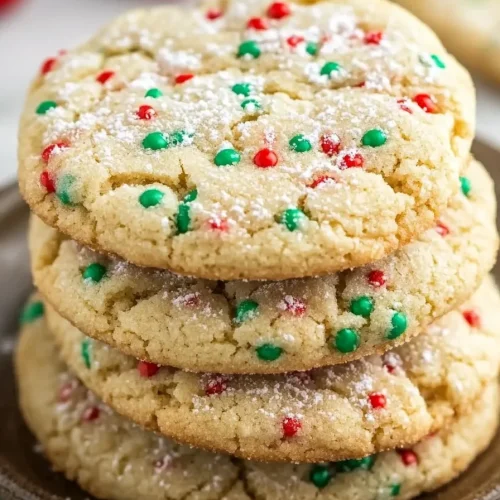 Stack of soft sugar cookies dusted with powdered sugar and decorated with red and green candy pieces.