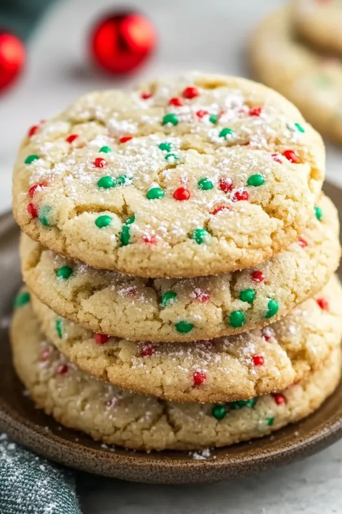 Stack of soft sugar cookies dusted with powdered sugar and decorated with red and green candy pieces.