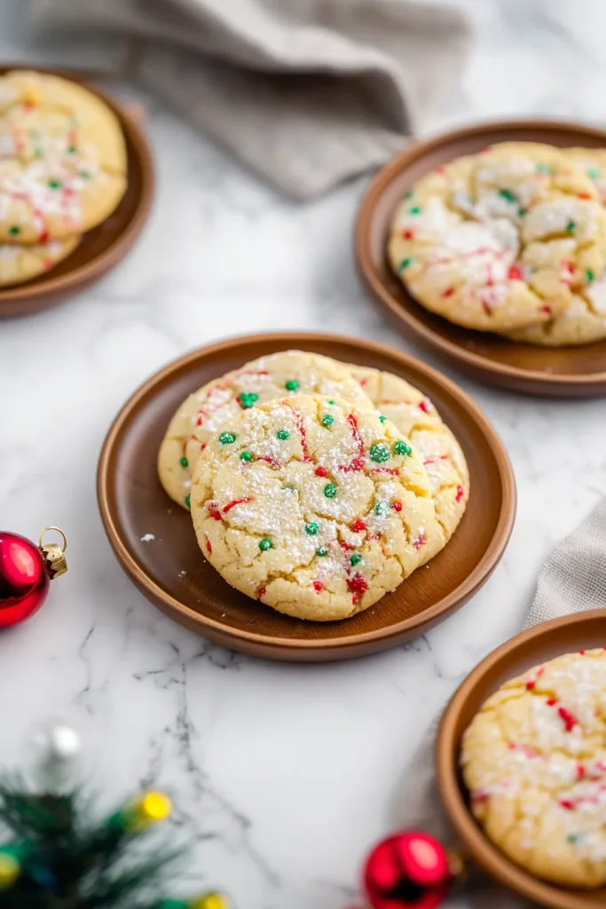 Overhead view of buttery cookies with red and green candies, lightly coated in powdered sugar.