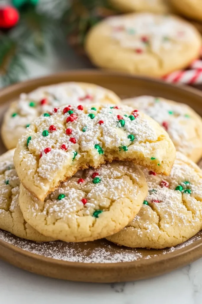 Final plated shot of holiday cookies sprinkled with sugar and styled on a brown plate.