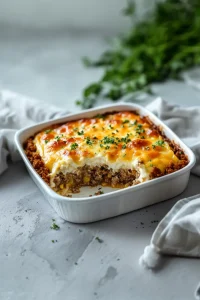 A golden, cheesy casserole served in a white baking dish with herbs sprinkled on top.
