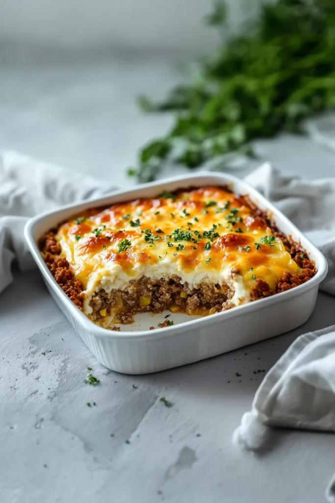 A golden, cheesy casserole served in a white baking dish with herbs sprinkled on top.