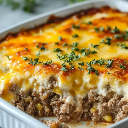 Freshly baked dish with browned cheese crust and a garnish of parsley.
