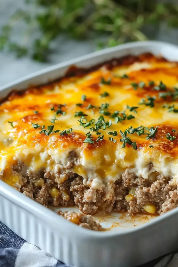 Freshly baked dish with browned cheese crust and a garnish of parsley.