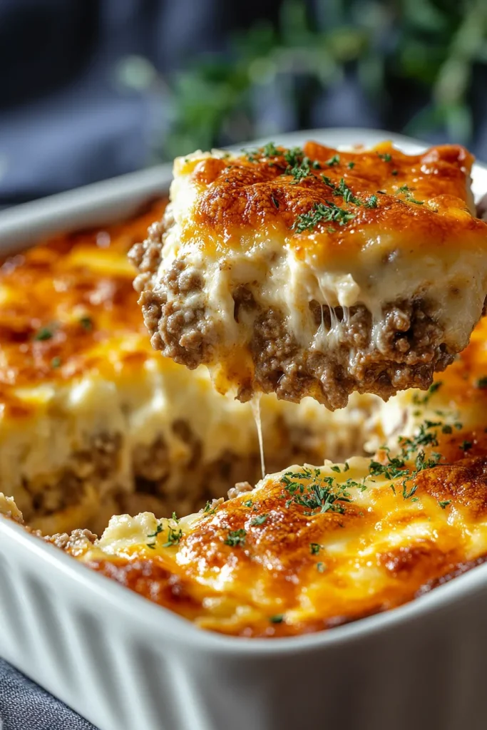 Comfort food casserole plated with crisp greens in the background.