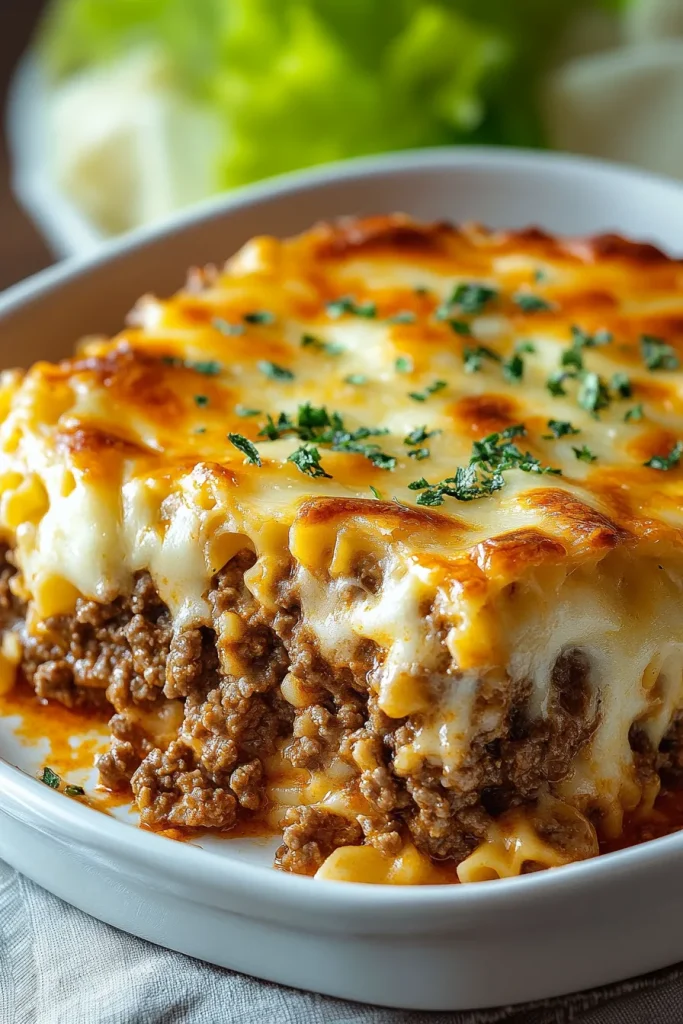 Close-up of bubbling layers of pasta, meat sauce, and melted cheese fresh from the oven.
