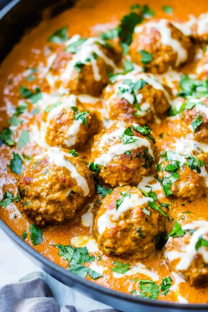 Rich tomato-based curry with meatballs simmering in creamy sauce
