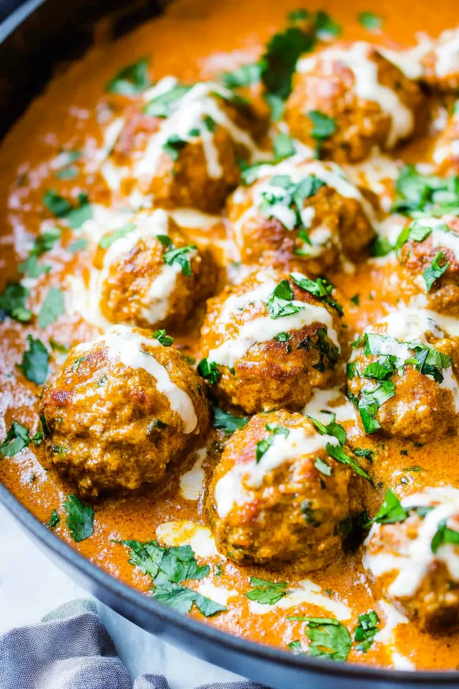Rich tomato-based curry with meatballs simmering in creamy sauce
