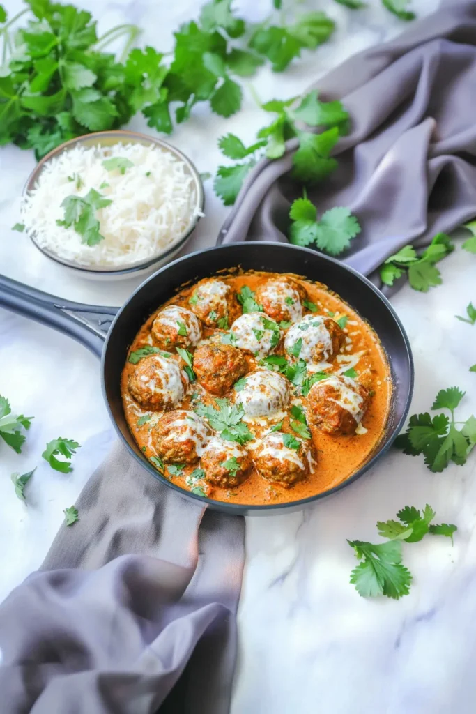 Final presentation of curry meatballs with vibrant sauce and cilantro leaves