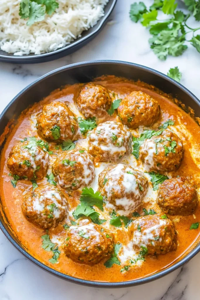 Skillet of meatballs in creamy orange curry sauce with cilantro garnish
