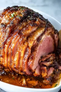 Holiday-style ham with shiny glaze and rustic presentation.