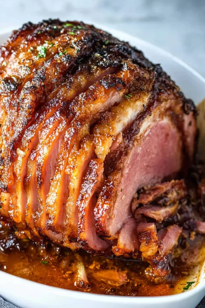 Holiday-style ham with shiny glaze and rustic presentation.