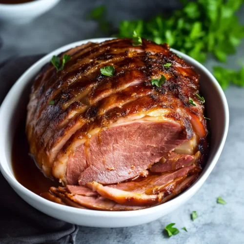 Tender slices of ham layered with glossy honey glaze.