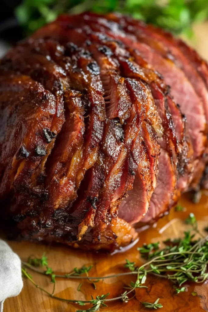 Glazed spiral ham with caramelized edges on a wooden board.