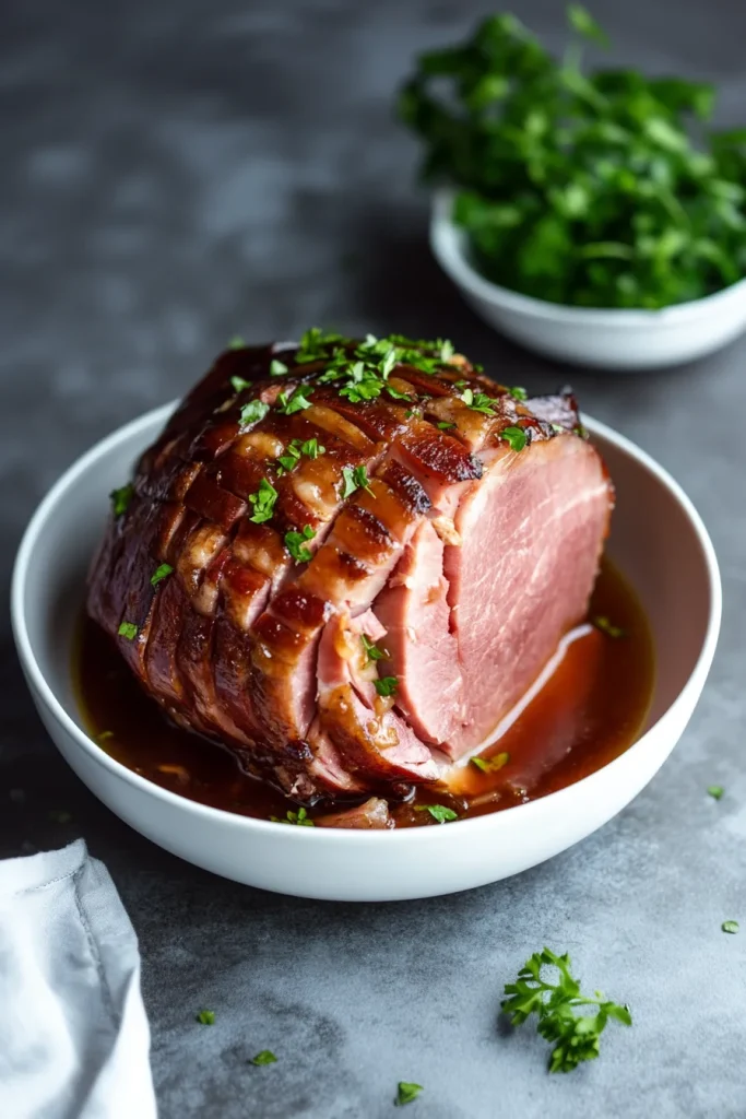Golden-brown ham with rich glaze and fresh herbs.