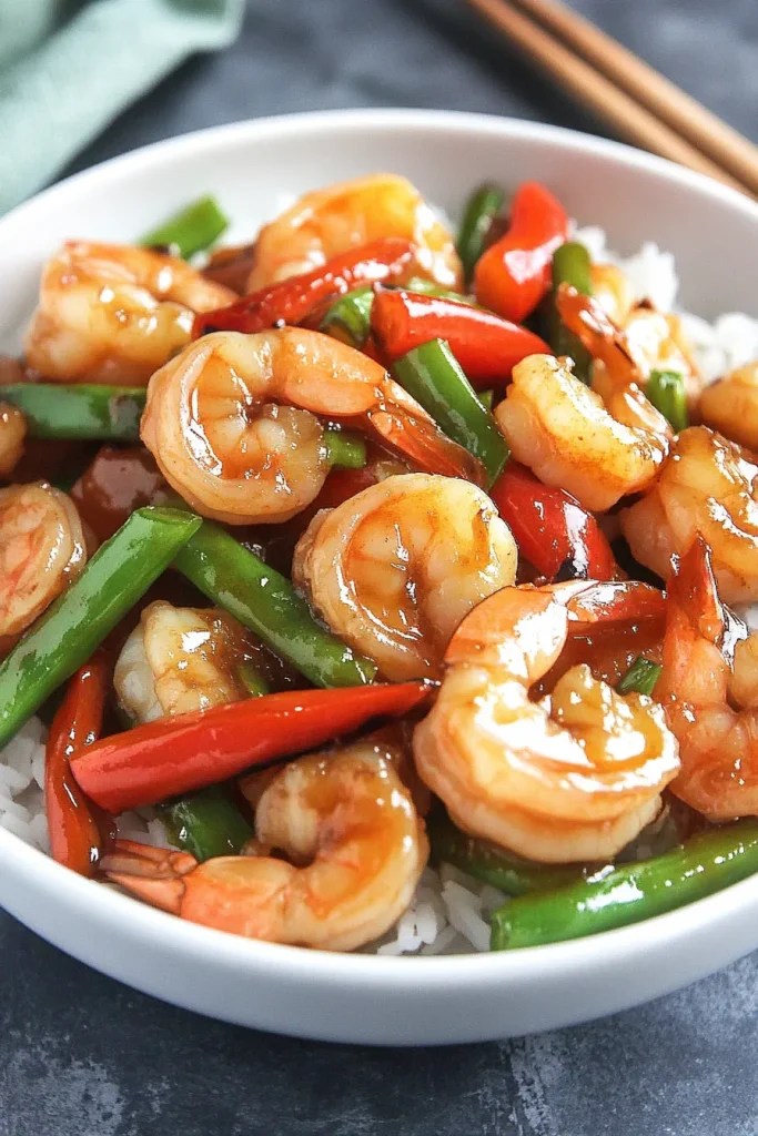 Vibrant shrimp dish with red peppers and green peas.