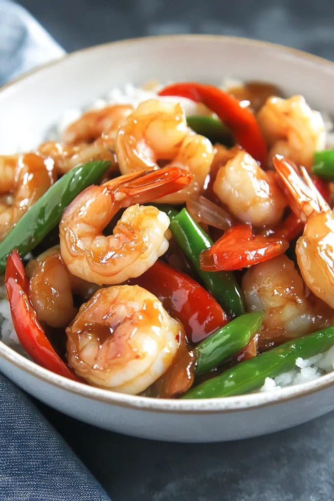Seafood stir-fry served with fresh vegetables and rice.