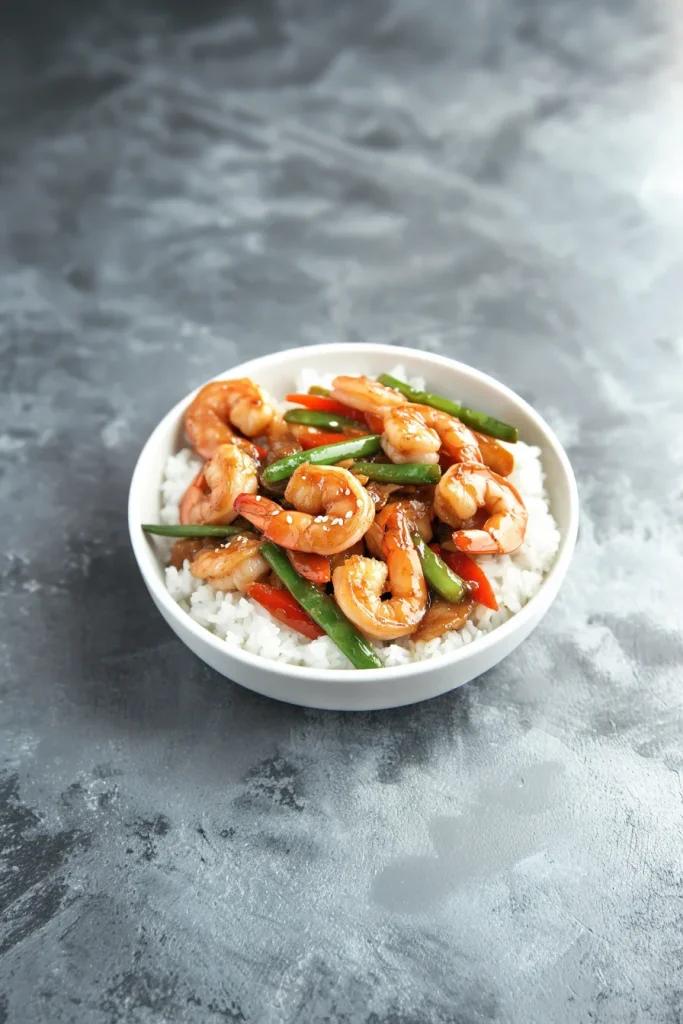 Colorful mix of shrimp, bell peppers, and snap peas.